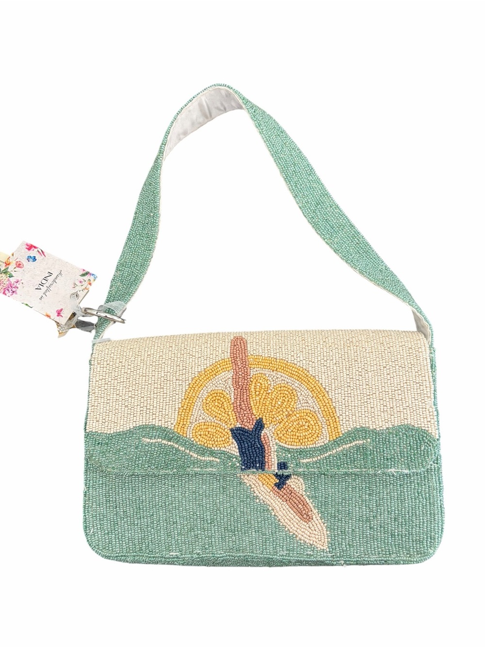 Beaded Mint & Cream Swimmer Shoulder Bag